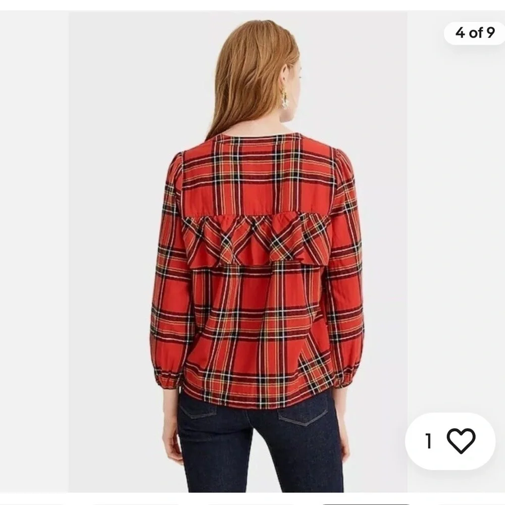 J Crew Ruffle Top in Festive Plaid Red Sz PM